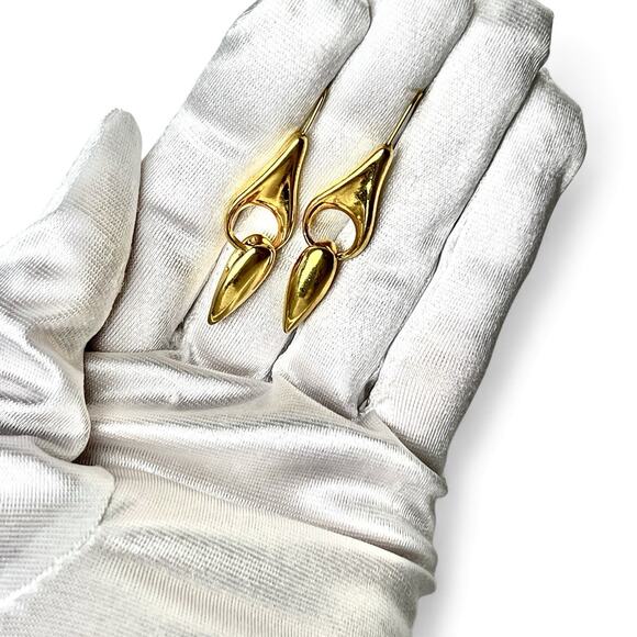 Dangle Earrings Gold Tone Post Double Drop Polished Shiny Pierced Hook Artistic - Picture 6 of 7